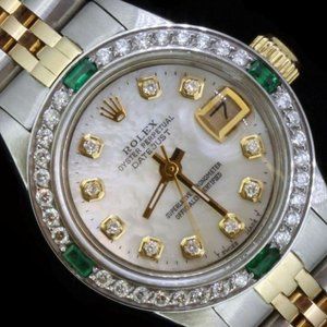 Rolex Lady Datejust Oyster Stainless Gold Diamond Dial Bezel Emerald Watch